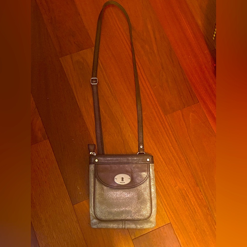 Tan colored Glitter and brown pleather adjustable purse